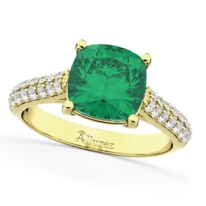 Cushion Cut Emerald and Diamond Engagement Ring 14k Yellow Gold 4.42ct - All