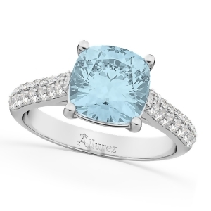 Cushion Cut Aquamarine and Diamond Engagement Ring 14k White Gold 4.42ct - All