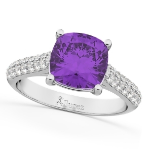 Cushion Cut Amethyst and Diamond Engagement Ring 14k White Gold 4.42ct - All
