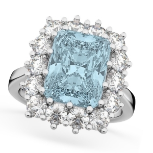 Emerald Cut Aquamarine and Diamond Lady Di Ring 14k White Gold 5.68ct - All