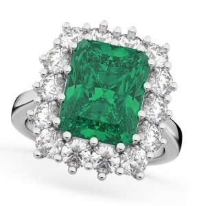Emerald Cut Emerald and Diamond Lady Di Ring 14k White Gold 5.68ct - All