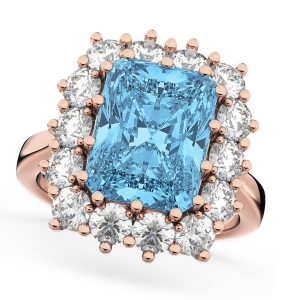 Emerald Cut Blue Topaz and Diamond Lady Di Ring 18k Rose Gold 5.68ct - All