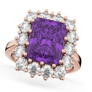 Emerald Cut Amethyst and Diamond Lady Di Ring 18k Rose Gold 5.68ct - All
