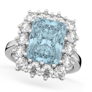 Emerald Cut Aquamarine and Diamond Lady Di Ring 18k White Gold 5.68ct - All