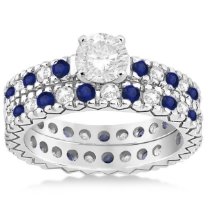 Diamond and Blue Sapphire Pave Eternity Bridal Set 14k White Gold 0.85ct - All