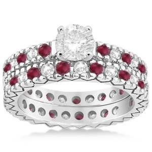 Diamond and Ruby Pave Eternity Bridal Set 14k White Gold 0.85ct - All