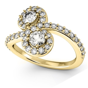 Diamond Halo Two Stone Ring Curved 14k Yellow Gold 1.27ct - All