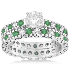 Diamond and Emerald Pave Eternity Bridal Set 14k White Gold 0.85ct - All
