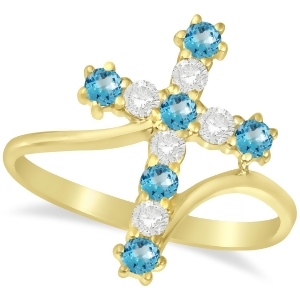 Diamond and Blue Topaz Religious Cross Twisted Ring 14k Yellow Gold 0.51ct - All
