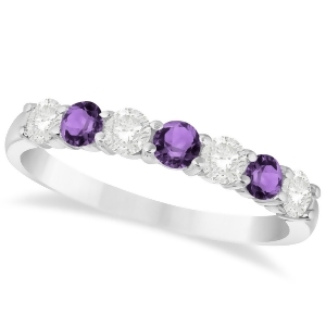 Diamond and Amethyst 7 Stone Wedding Band 14k White Gold 0.75ct - All