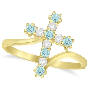 Diamond and Aquamarine Religious Cross Twisted Ring 14k Yellow Gold 0.33ct - All