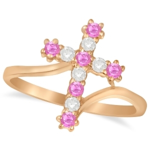 Diamond and Pink Sapphire Religious Cross Twisted Ring 14k Rose Gold 0.33ct - All