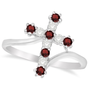 Diamond and Garnet Religious Cross Twisted Ring 14k White Gold 0.33ct - All