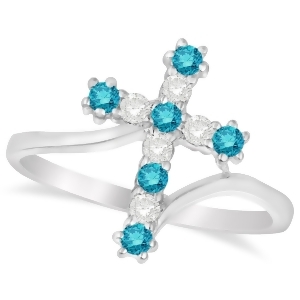 Blue and White Diamond Religious Cross Twisted Ring 14k White Gold 0.33ct - All