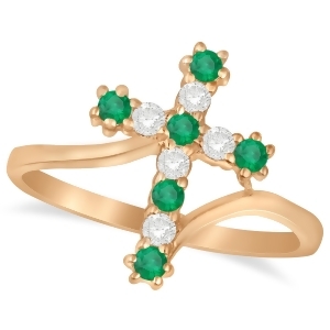 Diamond and Emerald Religious Cross Twisted Ring 14k Rose Gold 0.33ct - All