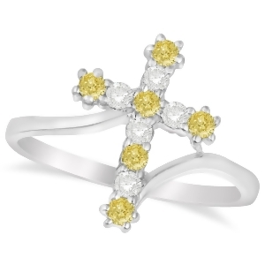 White and Yellow Diamond Religious Cross Twisted Ring 14k White Gold 0.33ct - All