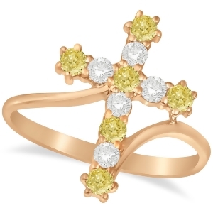 White and Yellow Diamond Religious Cross Twisted Ring 14k Rose Gold 0.51ct - All
