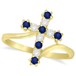 Diamond and Blue Sapphire Religious Cross Twisted Ring 14k Yellow Gold 0.33ct - All