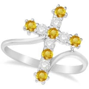Diamond and Yellow Sapphire Religious Cross Twisted Ring 14k White Gold 0.51ct - All