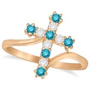 Blue and White Diamond Religious Cross Twisted Ring 14k Rose Gold 0.33ct - All