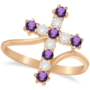 Diamond and Amethyst Religious Cross Twisted Ring 14k Rose Gold 0.51ct - All