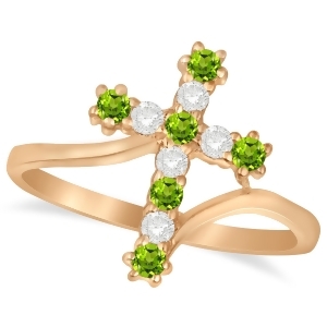 Diamond and Peridot Religious Cross Twisted Ring 14k Rose Gold 0.33ct - All