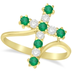 Diamond and Emerald Religious Cross Twisted Ring 14k Yellow Gold 0.51ct - All