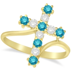 Blue and White Diamond Religious Cross Twisted Ring 14k Yellow Gold 0.51ct - All