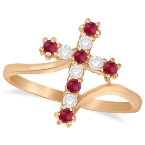 Diamond and Ruby Religious Cross Twisted Ring 14k Rose Gold 0.33ct - All
