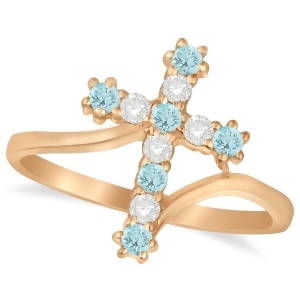 Diamond and Aquamarine Religious Cross Twisted Ring 14k Rose Gold 0.33ct - All