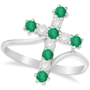Diamond and Emerald Religious Cross Twisted Ring 14k White Gold 0.51ct - All