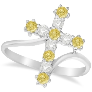 White and Yellow Diamond Religious Cross Twisted Ring 14k White Gold 0.51ct - All