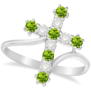 Diamond and Peridot Religious Cross Twisted Ring 14k White Gold 0.51ct - All