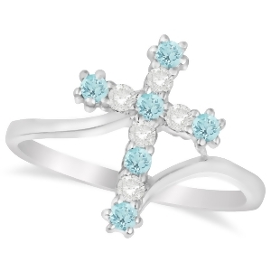 Diamond and Aquamarine Religious Cross Twisted Ring 14k White Gold 0.33ct - All