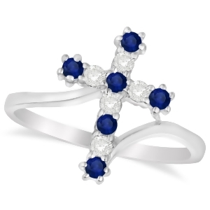 Diamond and Blue Sapphire Religious Cross Twisted Ring 14k White Gold 0.33ct - All