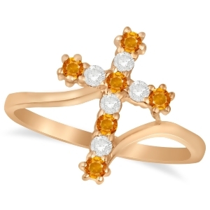 Diamond and Citrine Religious Cross Twisted Ring 14k Rose Gold 0.33ct - All
