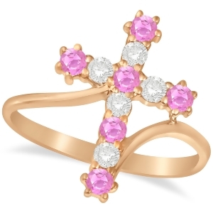 Diamond and Pink Sapphire Religious Cross Twisted Ring 14k Rose Gold 0.51ct - All