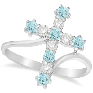 Diamond and Aquamarine Religious Cross Twisted Ring 14k White Gold 0.51ct - All