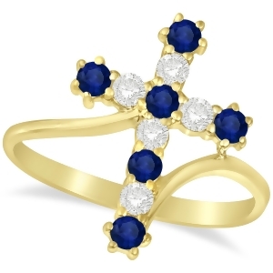 Diamond and Blue Sapphire Religious Cross Twisted Ring 14k Yellow Gold 0.51ct - All