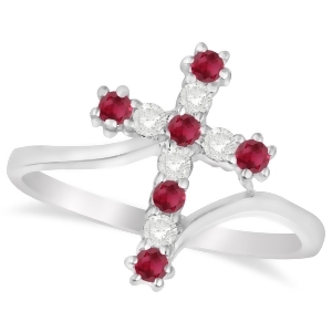 Diamond and Ruby Religious Cross Twisted Ring 14k White Gold 0.33ct - All