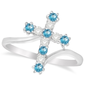 Diamond and Blue Topaz Religious Cross Twisted Ring 14k White Gold 0.33ct - All