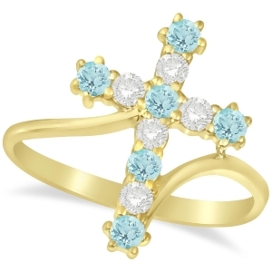Diamond and Aquamarine Religious Cross Twisted Ring 14k Yellow Gold 0.51ct - All