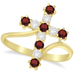 Diamond and Garnet Religious Cross Twisted Ring 14k Yellow Gold 0.51ct - All