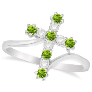 Diamond and Peridot Religious Cross Twisted Ring 14k White Gold 0.33ct - All