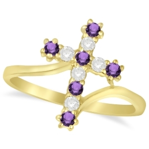 Diamond and Amethyst Religious Cross Twisted Ring 14k Yellow Gold 0.33ct - All