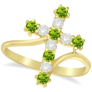 Diamond and Peridot Religious Cross Twisted Ring 14k Yellow Gold 0.51ct - All