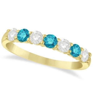Blue and White Diamond 7 Stone Wedding Band 14k Yellow Gold 0.75ct - All