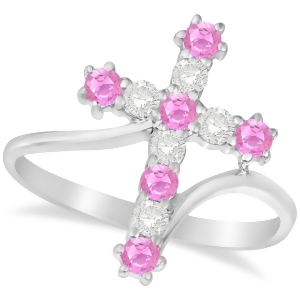 Diamond and Pink Sapphire Religious Cross Twisted Ring 14k White Gold 0.51ct - All