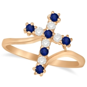Diamond and Blue Sapphire Religious Cross Twisted Ring 14k Rose Gold 0.33ct - All
