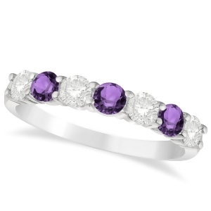 Diamond and Amethyst 7 Stone Wedding Band 14k White Gold 1.00ct - All